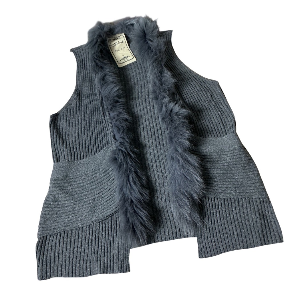 Vintage Concept Faux Fur Trim Knit Vest Women S Grey Ribbed Wool Blend Cardigan